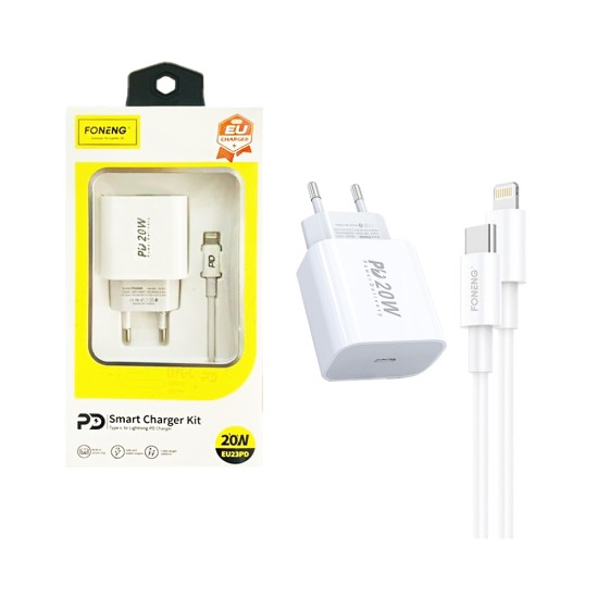 Carregador Foneng EU23 PD 20W com cabo Tipo-C para Lightning Branco