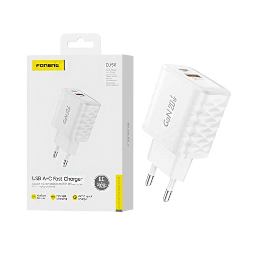 Adaptador Foneng EU56 2 Portas USB-A+Tipo-C QC3,0+PD20W GAN Branco