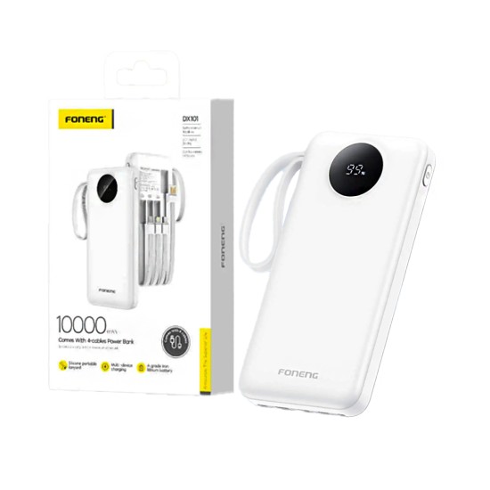 Foneng Power Bank DX101 with 4 -in-1 Cable USB+Lightning+Micro+Type-C 2A 10000mAh White