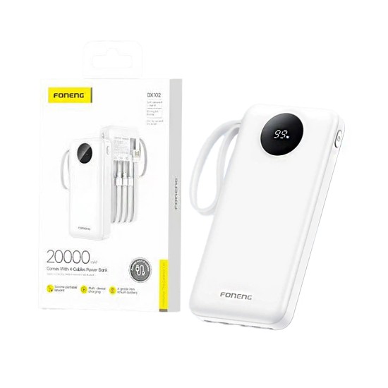 Foneng Power Bank DX102 with 4 -in-1 Cable USB+Lightning+Micro+Type-C 2A 20000mAh White