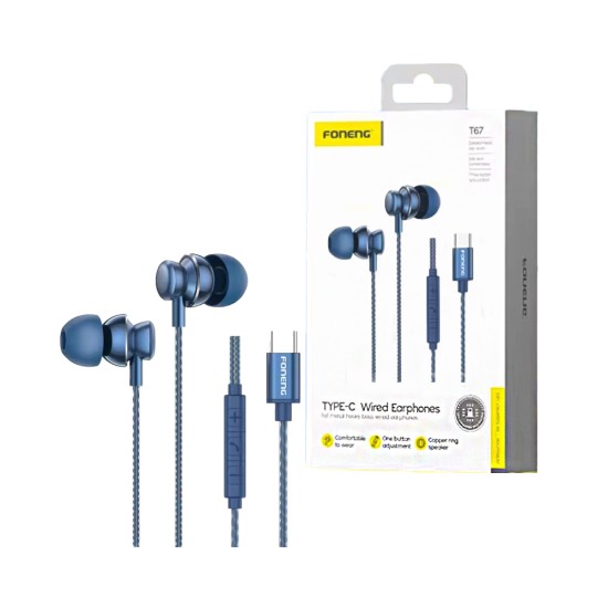 Foneng Earphones T67 Heavy Bass Type-C 1.2m Blue