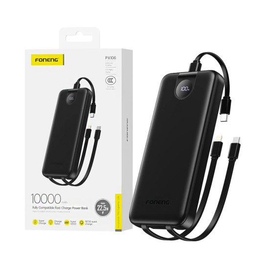 Foneng Power Bank Px106 with 3-in-1 Cable Lightning+2Type-C 10000mAh Black