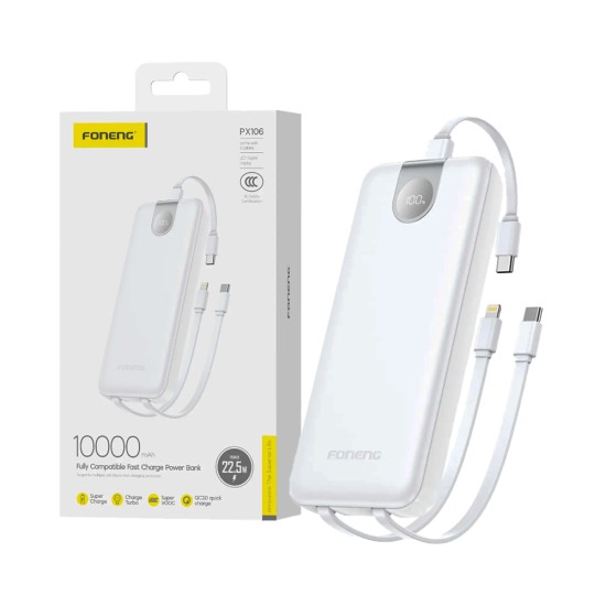 Foneng Power Bank Px106 with 3-in-1 Cable Lightning+2Type-C 10000mAh White