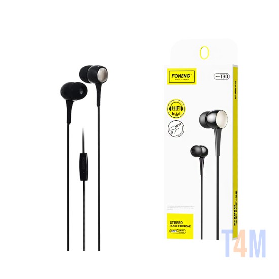 Auscultadores Foneng T30 com Cabo e Microfone 3,5mm 1,2m Preto