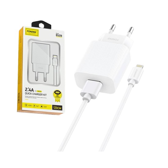 Adaptador Carregador de Parede USB Rápido Foneng EU28 com Cabo Relâmpago 2,4A Branco