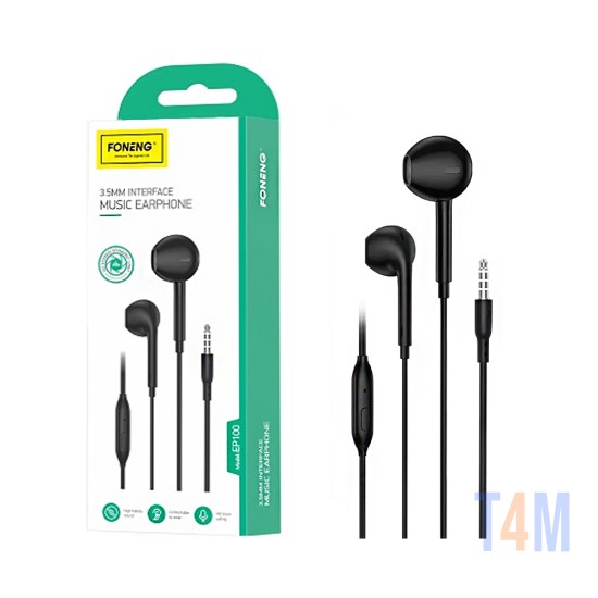 Auscultadores com Cabo Foneng EP100 com Microfone 3,5mm 1,2M Preto