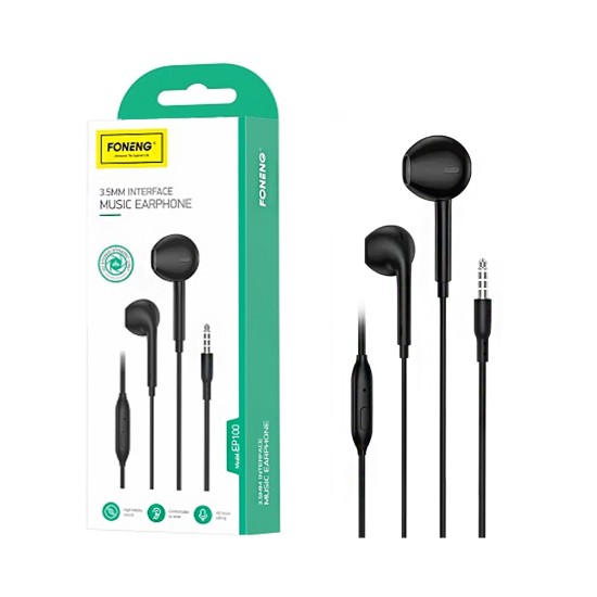 Auscultadores com Cabo Foneng EP100 com Microfone 3,5mm 1,2M Preto