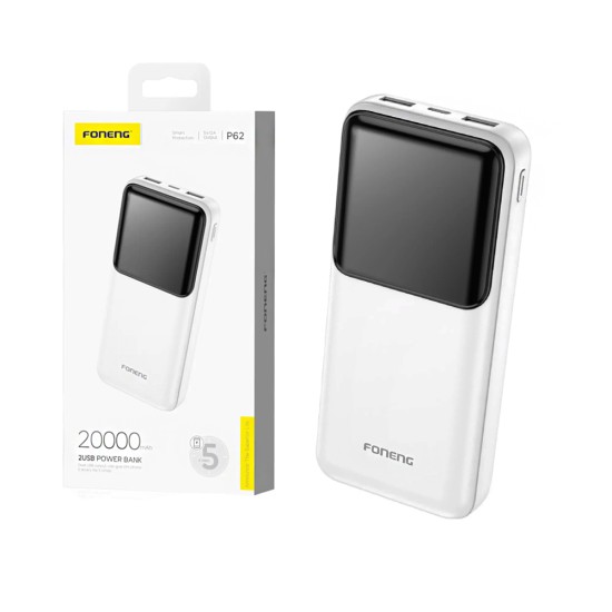 Foneng Power Bank P62 with 2 Ports Output USB 2A 20000mAh White