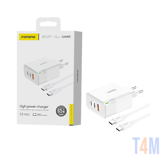 Carregador Foneng GAN65 3 Portas USB-A+2 Tipo-C PD 65W GAN com cabo Tipo-C para Tipo-C Branco