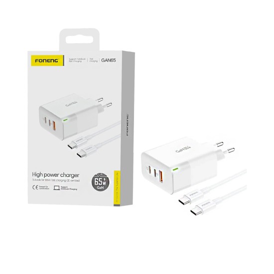 Carregador Foneng GAN65 3 Portas USB-A+2 Tipo-C PD 65W GAN com cabo Tipo-C para Tipo-C Branco