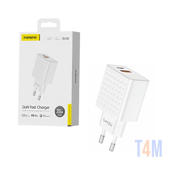 Foneng Adapter EU42 2 Ports USB+Tipo-C PD 20W GAN White