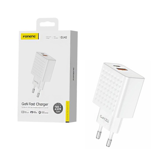 Adaptador Foneng EU42 2 Portas USB-A+Tipo-C PD 20W GAN Branco