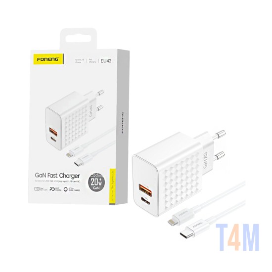 Carregador Foneng EU42 2 Portas USB-A+Tipo-C PD 20W GAN com cabo Tipo-C para Lightning Branco