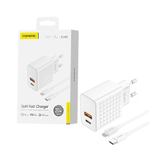 Carregador Foneng EU42 2 Portas USB-A+Tipo-C PD 20W GAN com cabo Tipo-C para Lightning Branco