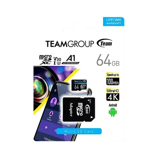 Cartão de Memória MicroSDXC Team Group 64GB USH-I Classe 10 com Adaptador