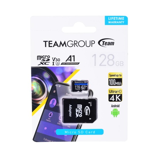 Cartão de Memória MicroSDXC Team Group 128GB USH-I Classe 10 com Adaptador