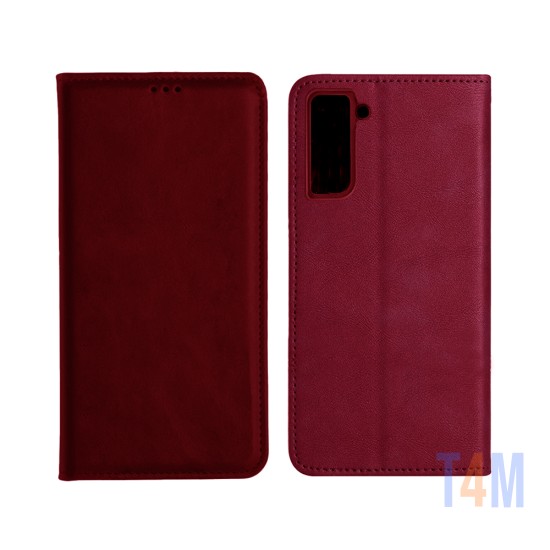 Capa de Couro com Bolso Interno para Samsung Galaxy S21 FE Vermelho