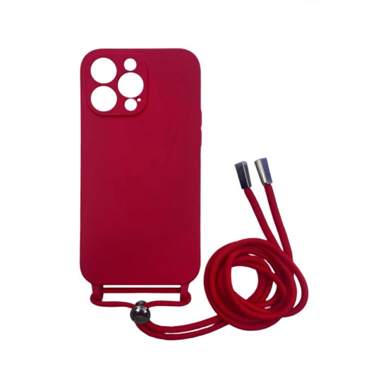 Capa de Silicone com Cordão para Apple iPhone 14 Pro Max Vermelho