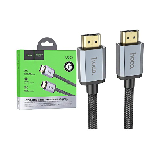 Cabo HDMI Hoco US03 2.0 4k HD para computador 3m Preto