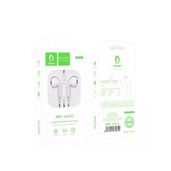 Denmen DR05 Universal Earphones with Mic and Single Button Control 1.2m 3.5mm White