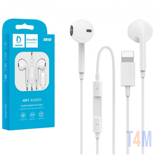 Fones de ouvido de áudio de alta fidelidade Denman com microfone Lightning Dr10 branco