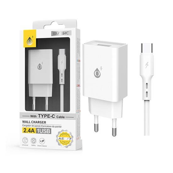 Carregador de Parede EU OnePlus A6177 com Cabo Tipo C 1 USB 5V/2,4A Branco