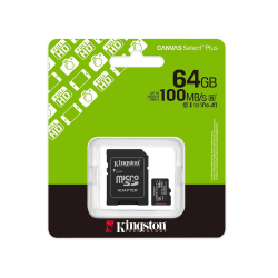 Cartão de memória microSD Kingston Canvas Select Plus de 64 GB com adaptador.